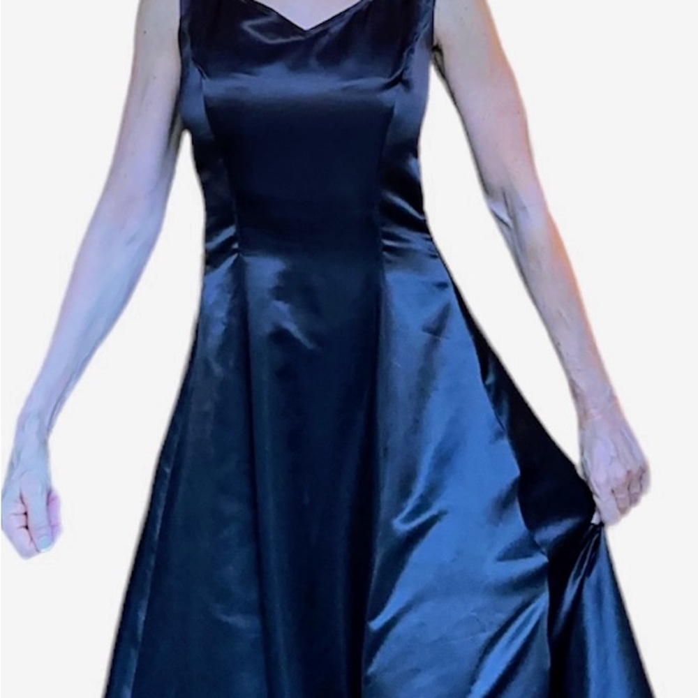 Blue ribbon black satin look evening gown